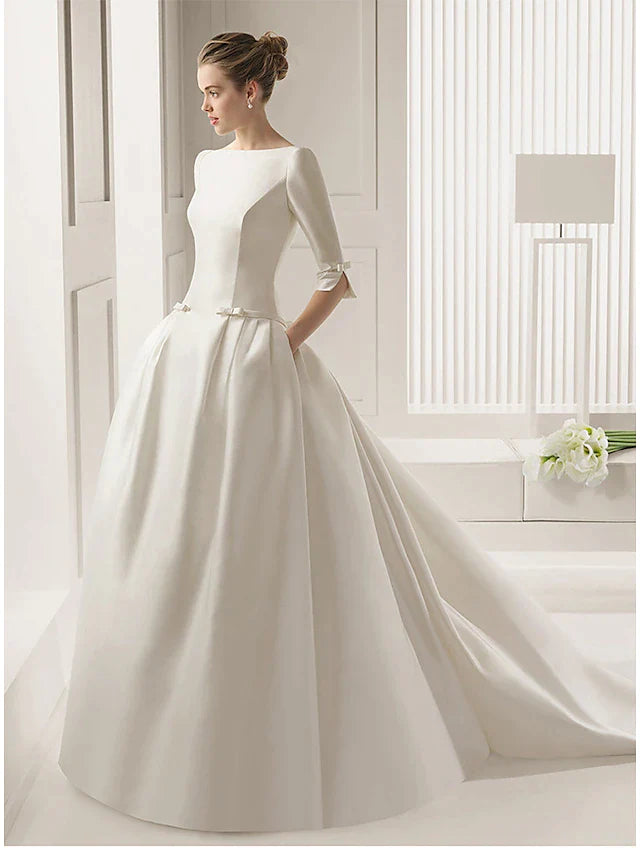Engagement Formal Wedding Dresses Court Train A-Line Half Sleeve Scoop Neck Satin With Bow(s) Pleats
