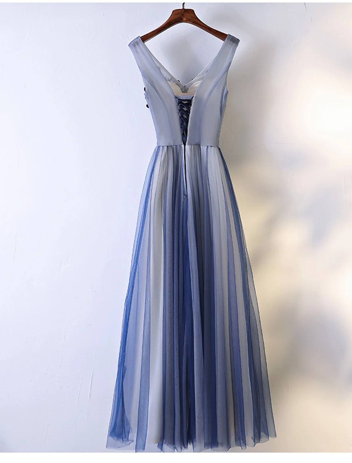 A-Line Bridesmaid Dress V Neck Sleeveless Elegant Floor Length Tulle with Beading / Appliques - RongMoon