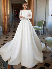 Formal Wedding Dresses Court Train Ball Gown Long Sleeve Scoop Neck Satin With Buttons Pleats