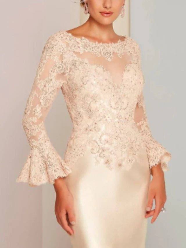 Sheath / Column Mother of the Bride Dress Plus Size Elegant Vintage Jewel Neck Knee Length Lace Satin Long Sleeve with Appliques - RongMoon