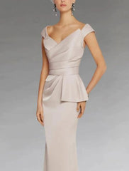 Sheath / Column Evening Gown Elegant Dress Wedding Guest Floor Length Sleeveless Plunging Neck Satin with Ruched
