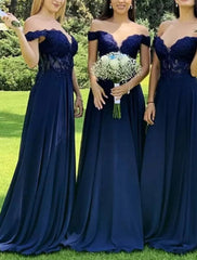 A-Line Bridesmaid Dress Off Shoulder Short Sleeve Elegant Sweep / Brush Train Chiffon / Lace with Pleats / Solid Color A-Line Bridesmaid Dress Off Shoulder Short Sleeve Elegant Sweep / Brush Train Chiffon / Lace with Pleats / Solid Color - RongMoon