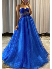 A-Line Prom Dresses Glittering Dress Formal Floor Length Sleeveless Spaghetti Strap Tulle Backless with Pleats Appliques