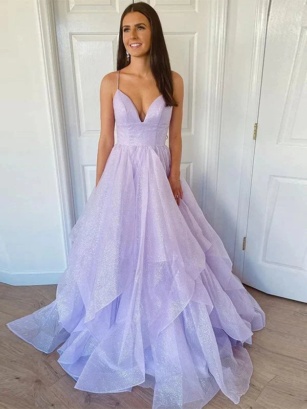 A-Line Princess Ruffles V-neck Sleeveless Prom Dresses