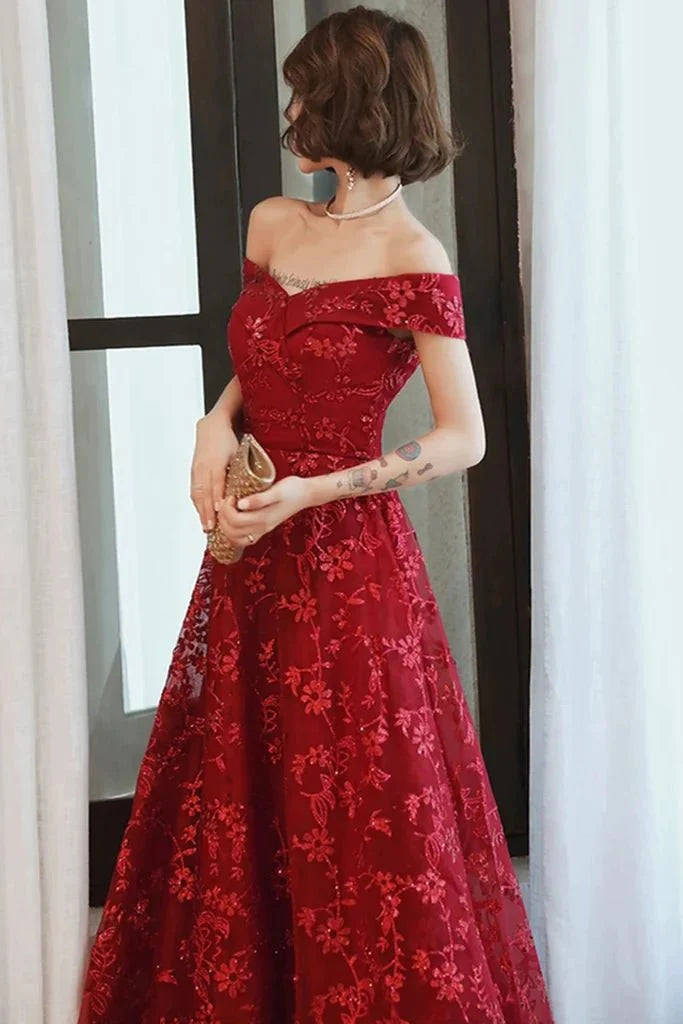 Off Shoulder Burgundy Lace Appliques Long Prom Dress, Off Shoulder Burgundy Formal Dress, Burgundy Lace Evening Dress - RongMoon