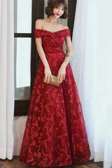 Off Shoulder Burgundy Lace Appliques Long Prom Dress, Off Shoulder Burgundy Formal Dress, Burgundy Lace Evening Dress - RongMoon