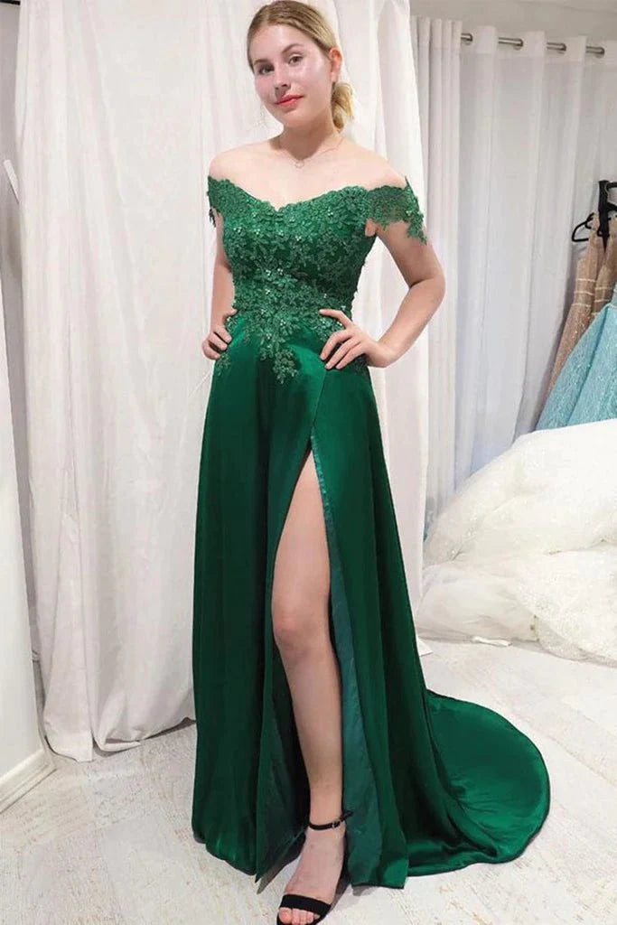 Off Shoulder Lace Top Green Long Prom Dress with Split, Off Shoulder Lace Green Bridesmaid Dress, Off Shoulder Lace Green Formal Graduation Evening Dress - RongMoon