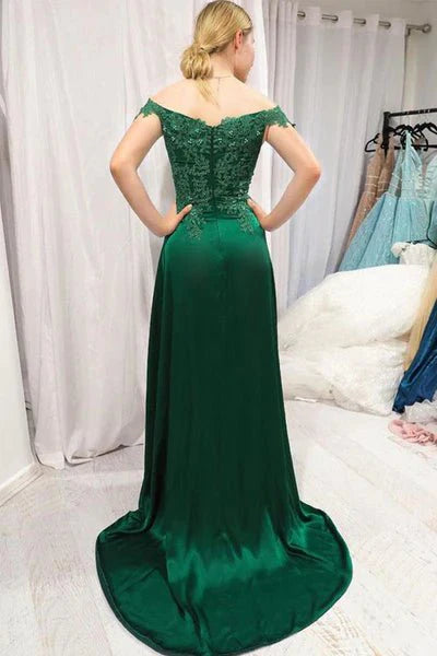 Off Shoulder Lace Top Green Long Prom Dress with Split, Off Shoulder Lace Green Bridesmaid Dress, Off Shoulder Lace Green Formal Graduation Evening Dress - RongMoon