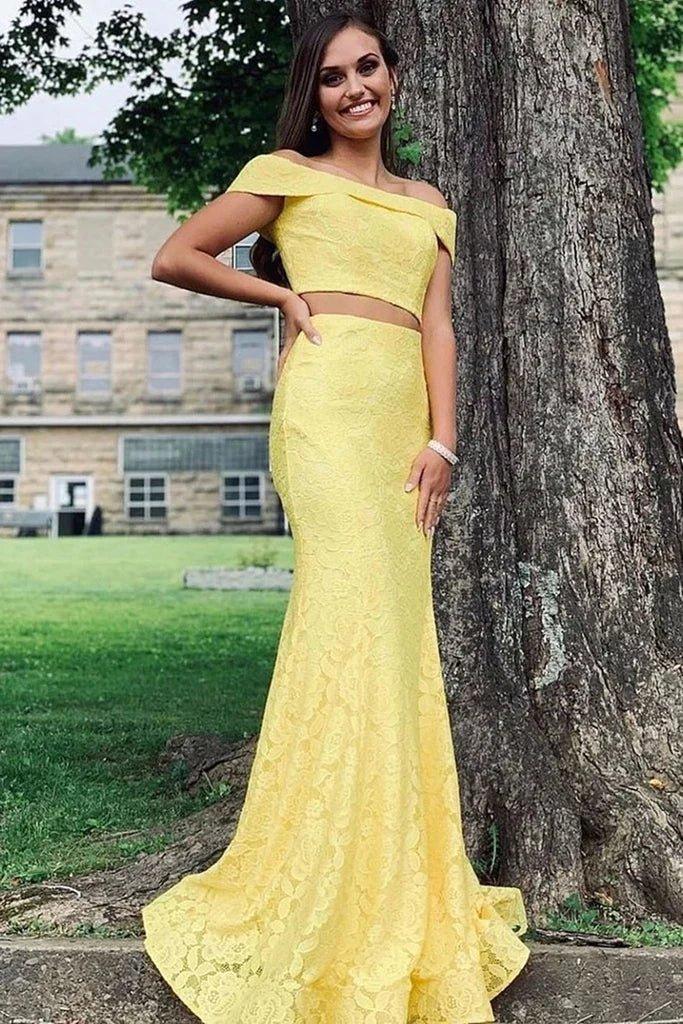Off Shoulder Two Pieces Mermaid Lace Yellow Long Prom Dress, Off Shoulder Mermaid Yellow Lace Formal Graduation Evening Dress - RongMoon