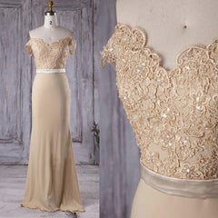Off the Shoulder Mermaid Champagne Lace Long Prom Dress, Off Shoulder Mermaid Champagne Formal Graduation Evening Dress, Mermaid Champagne Lace Bridesmaid Dress - RongMoon