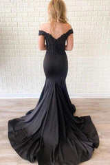 Off the Shoulder Mermaid Lace Black Long Prom Dress with Train, Off Shoulder Mermaid Black Formal Dress, Mermaid Black Lace Evening Dress - RongMoon