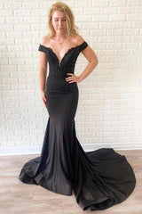 Off the Shoulder Mermaid Lace Black Long Prom Dress with Train, Off Shoulder Mermaid Black Formal Dress, Mermaid Black Lace Evening Dress - RongMoon