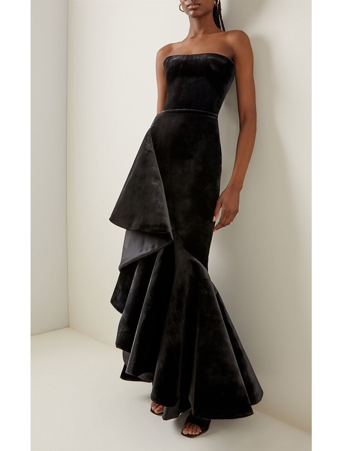 Mermaid / Trumpet Prom Dresses Little Black Dress Dress Prom Floor Length Sleeveless Strapless Velvet with Ruffles Pure Color