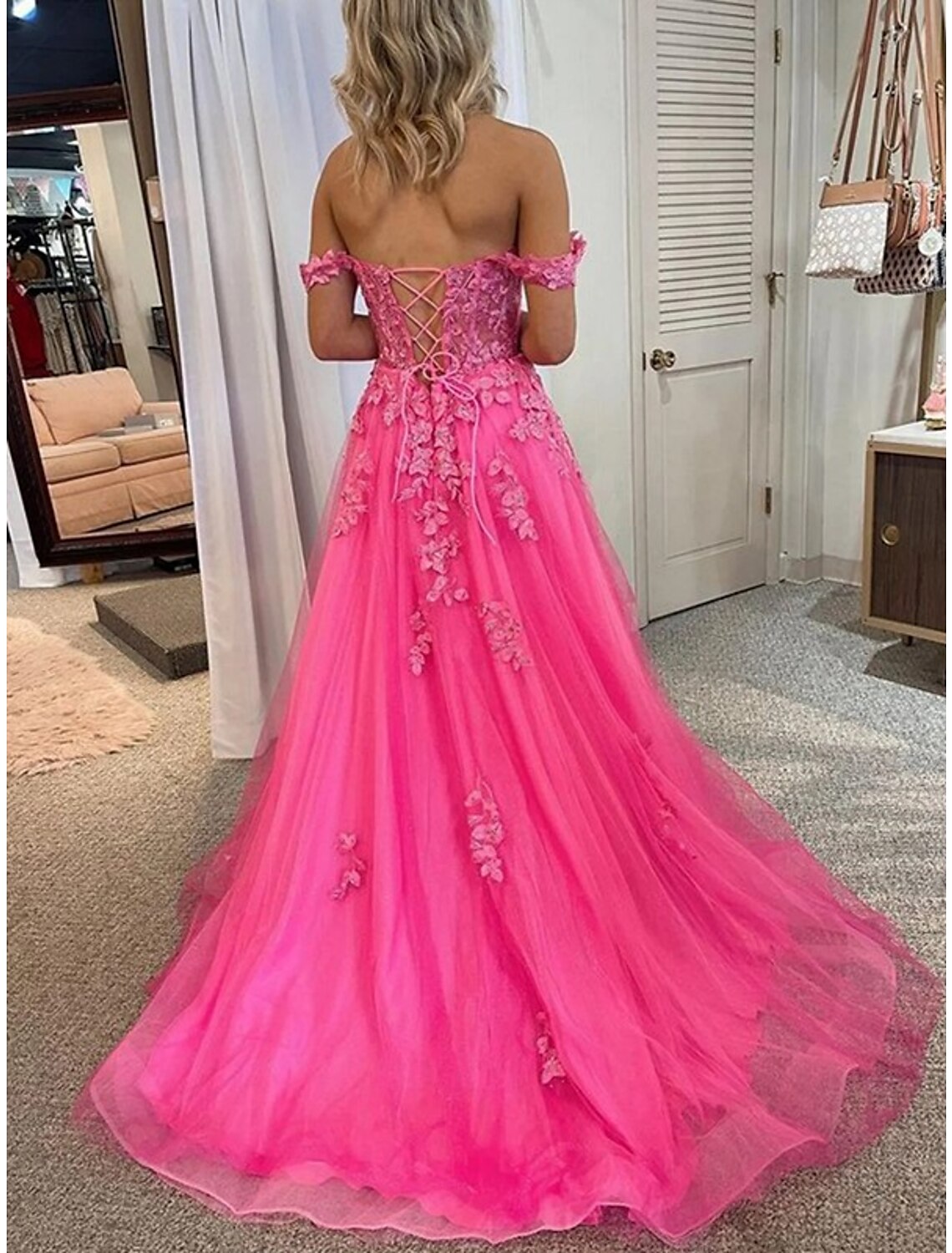 A-Line Prom Dresses Princess Dress Formal Sweep / Brush Train Sleeveless Off Shoulder Tulle Backless with Pleats Appliques