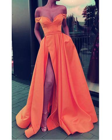 Sexy Split Prom Dresses Long Satin Off Shoulder Evening Gowns - RongMoon