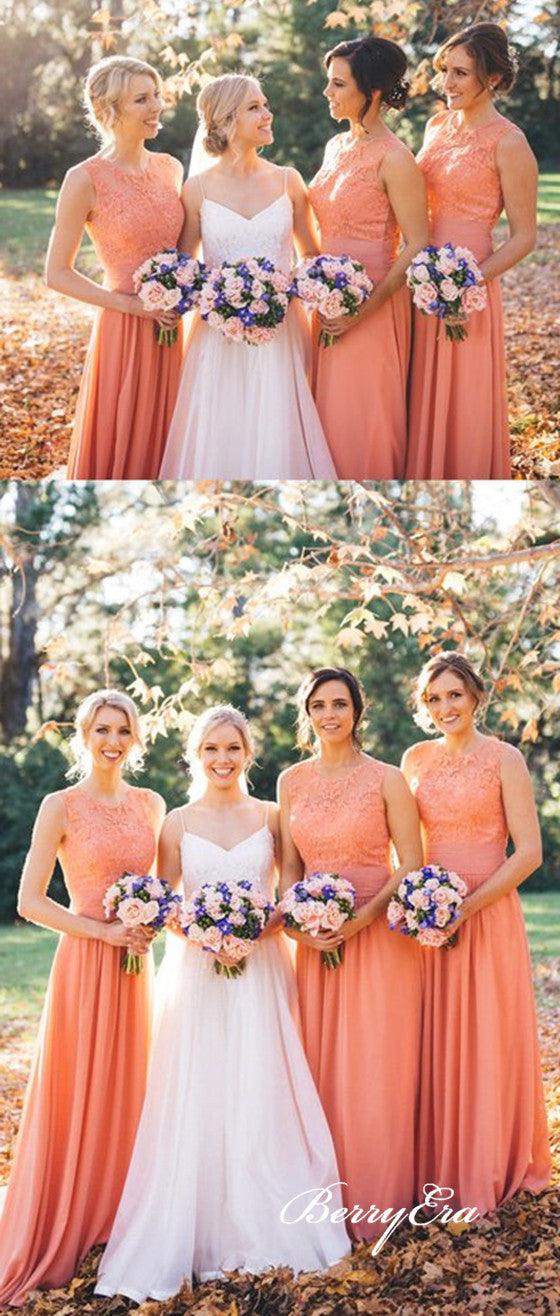 Sleeveless Orange Lace Chiffon A-line Long Bridesmaid Dresses - RongMoon