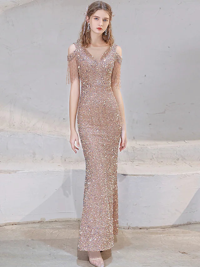 Mermaid / Trumpet Prom Dresses Sparkle Dress Wedding Guest Floor Length Short Sleeve V Neck Sequined with Beading Sequin