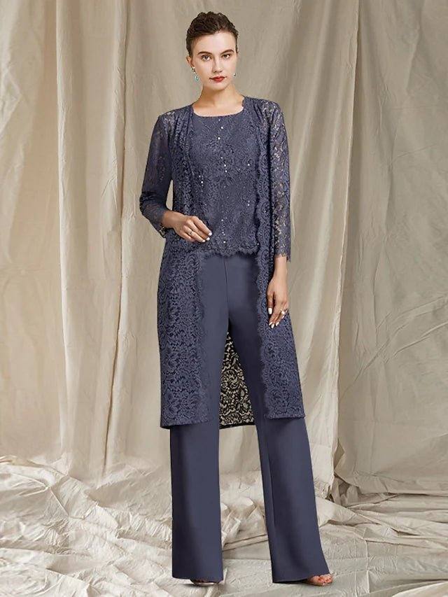 Pantsuit / Jumpsuit 3 Piece Suit Mother of the Bride Dress Elegant Jewel Neck Floor Length Chiffon Lace Sleeveless with Sequin - RongMoon