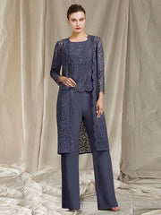 Pantsuit / Jumpsuit 3 Piece Suit Mother of the Bride Dress Elegant Jewel Neck Floor Length Chiffon Lace Sleeveless with Sequin - RongMoon