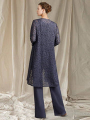 Pantsuit / Jumpsuit 3 Piece Suit Mother of the Bride Dress Elegant Jewel Neck Floor Length Chiffon Lace Sleeveless with Sequin - RongMoon