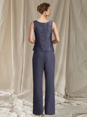 Pantsuit / Jumpsuit 3 Piece Suit Mother of the Bride Dress Elegant Jewel Neck Floor Length Chiffon Lace Sleeveless with Sequin - RongMoon