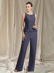 Pantsuit / Jumpsuit 3 Piece Suit Mother of the Bride Dress Elegant Jewel Neck Floor Length Chiffon Lace Sleeveless with Sequin - RongMoon
