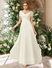 Beach Wedding Dresses A-Line V Neck Short Sleeve Floor Length Chiffon Bridal Gowns With Pleats Appliques