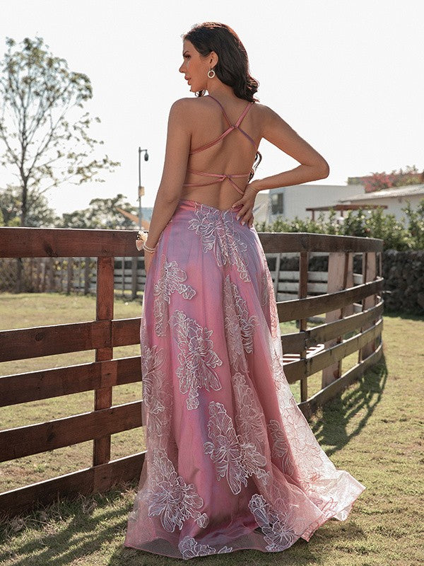 A-Line Princess Lace Ruffles V-neck Sleeveless Floor-Length Prom Dresses