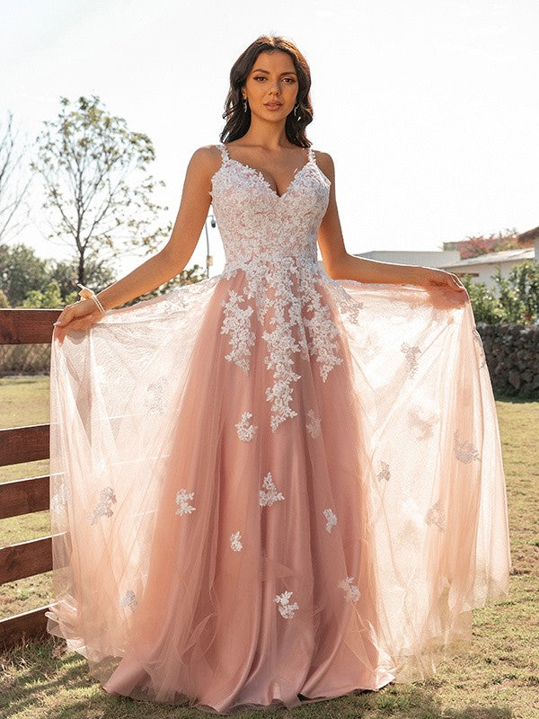 A-Line Princess Tulle Applique V-neck Sleeveless Floor-Length Prom Dresses