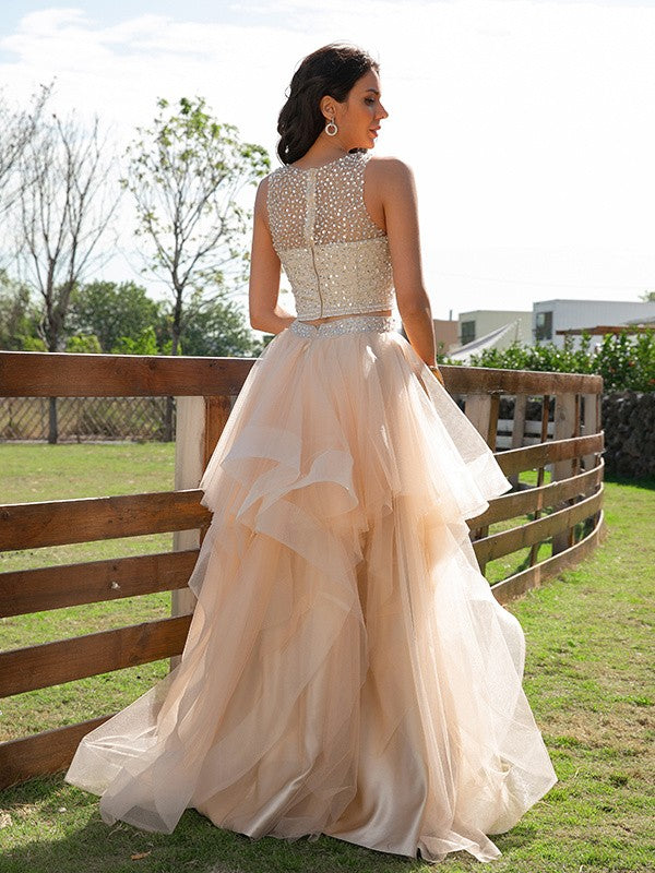 A-Line Princess Tulle Beading Scoop Sleeveless Floor-Length Two Piece Dresses