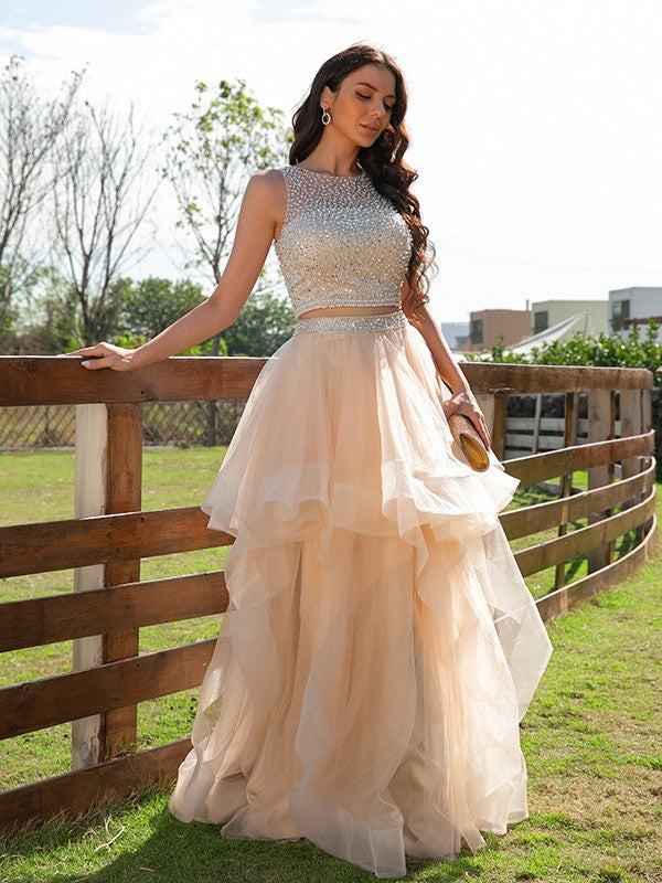 A-Line Princess Tulle Beading Scoop Sleeveless Floor-Length Two Piece Dresses