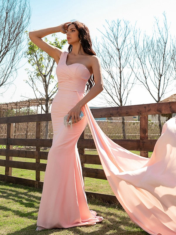 Silk like Satin Ruched One-Shoulder Sleeveless Long Prom Dresses Pink