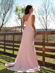 Silk like Satin Ruched One-Shoulder Sleeveless Long Prom Dresses Pink