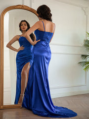 Blue Silk like Satin Ruched Spaghetti Straps Sleeveless Prom Dresses
