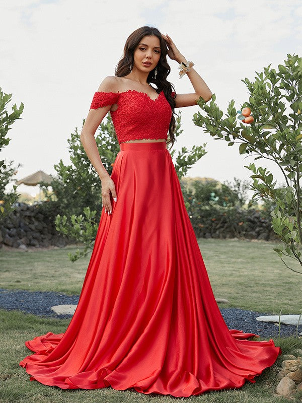 A-Line  Princess Silk like Satin Applique Off-the-Shoulder Sleeveless  Two Piece Prom Dresses