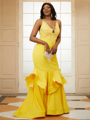 Jersey Applique V-neck Sleeveless Prom Dresses Yellow