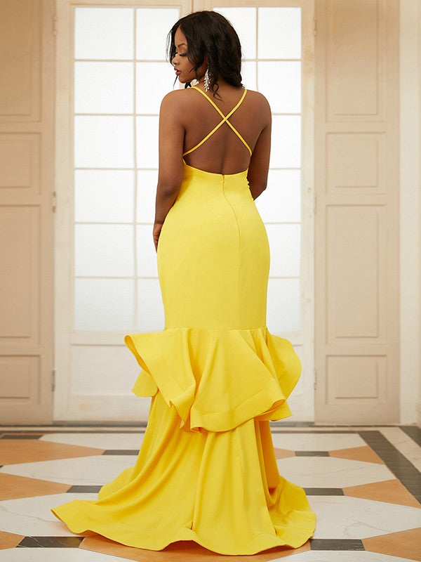 Jersey Applique V-neck Sleeveless Prom Dresses Yellow