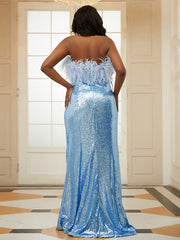 Sequins Feathers Fur Strapless Sleeveless Prom Dresses