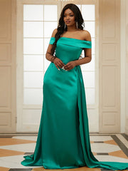 Silk like Satin Ruffles Off-the-Shoulder Sleeveless Prom Dresses
