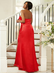 Elastic Woven Satin Ruched One-Shoulder Sleeveless Red Prom Dresses