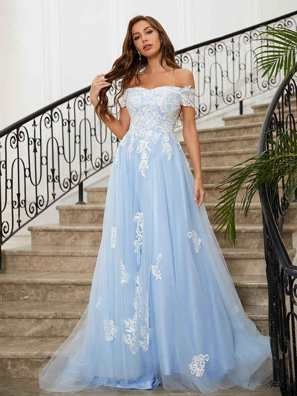 A-Line Princess Tulle Applique Off-the-Shoulder Sleeveless Prom Dresses