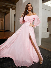 A-Line Princess  Chiffon Ruffles Off-the-Shoulder Long Sleeves Floor-Length Prom Dresses