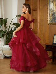 A-Line Princess Tulle Ruffles Off-the-Shoulder Sleeveless Floor-Length Prom Dresses