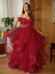 A-Line Princess Tulle Ruffles Off-the-Shoulder Sleeveless Floor-Length Prom Dresses