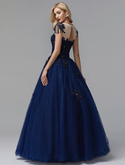 Ball Gown Prom Dresses Sparkle Dress Quinceanera Chapel Train Long Sleeve Off Shoulder Satin with Beading Appliques