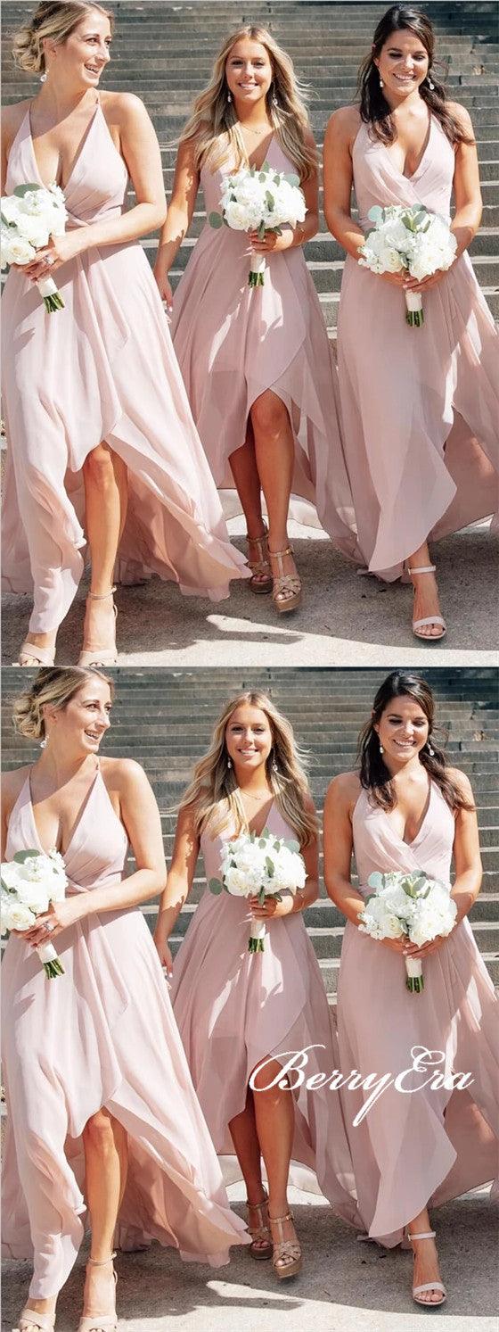 V-neck Hi-low Blush Pink Chiffon Bridesmaid Dresses, Long Bridesmaid Dresses, Bridesmaid Dresses - RongMoon