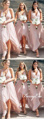 V-neck Hi-low Blush Pink Chiffon Bridesmaid Dresses, Long Bridesmaid Dresses, Bridesmaid Dresses - RongMoon