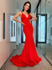Spandex Ruffles V-neck Sleeveless Red Prom Dresses Long