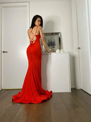 Spandex Ruffles V-neck Sleeveless Red Prom Dresses Long