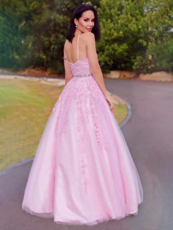 A-Line Princess Tulle Applique Halter Sleeveless Floor-Length Prom Dresses